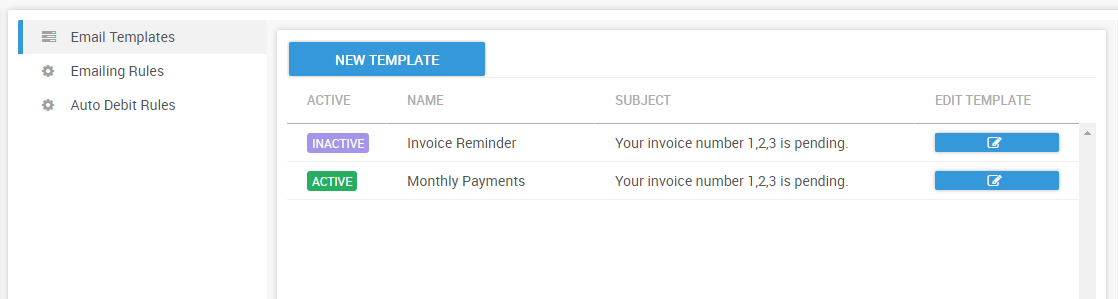 Email template screen allows you to define templates for various reminder emails