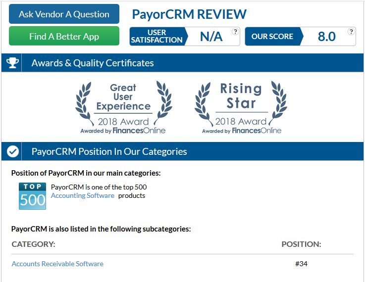 Screenshot of Awards bestowed on PayorCRM under Accounts Receivable Software category