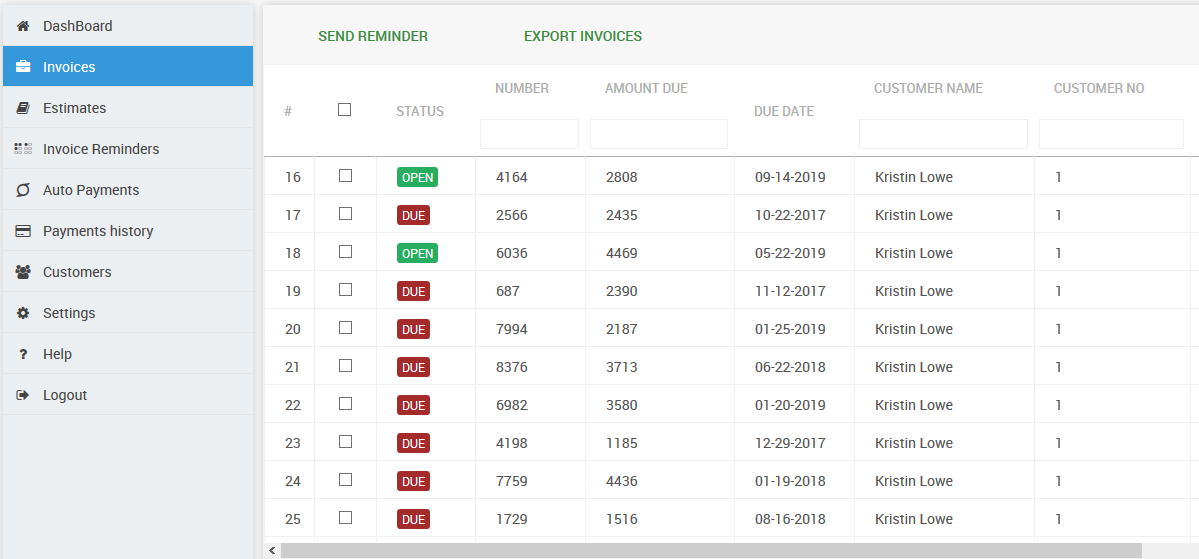 Invoice table view