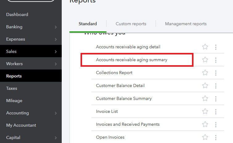 QuickBooks aging report by customer
