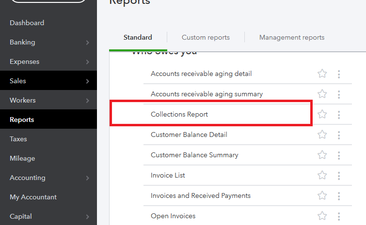 QuickBooks collections report