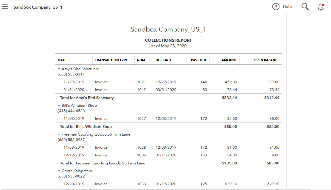 QuickBooks collections report sample